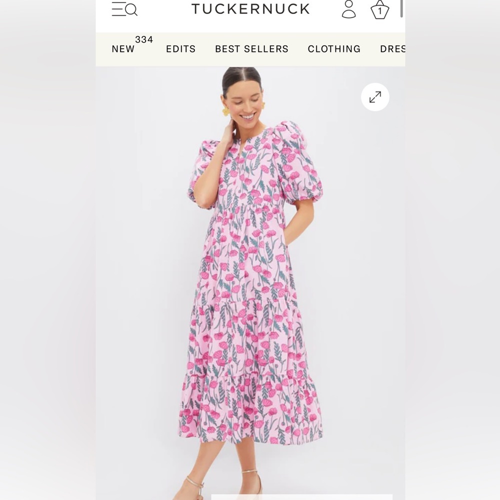 Tuckernuck Pink Floral Puff-Sleeve Tiered Midi Dress